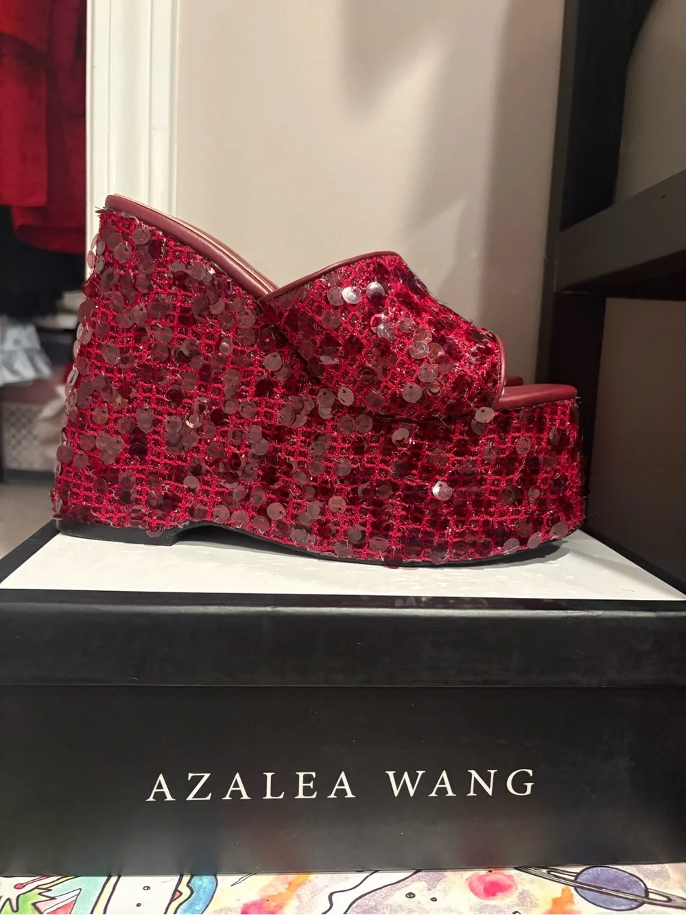 Azalea Wang Betsey Platform Sequin Wedge Sandal - Red